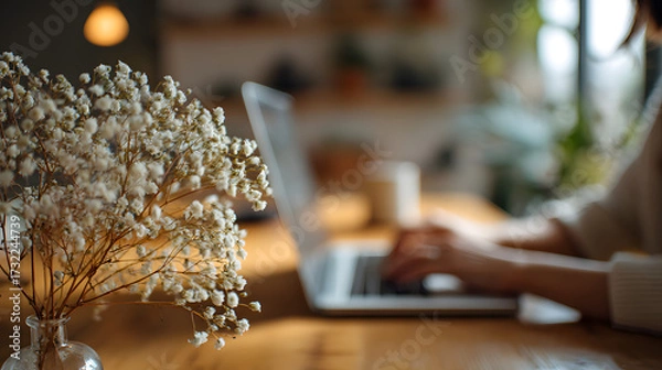 Fototapeta Cozy Workspace: A serene scene capturing a person working on a laptop in a warm home setting with soft light, a vase of flowers adding a touch of nature, evoking a sense of focus and tranquility.