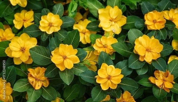 Fototapeta Yellow Flowers With Green Leaves On A Plant Viewed From Above For Nature Background