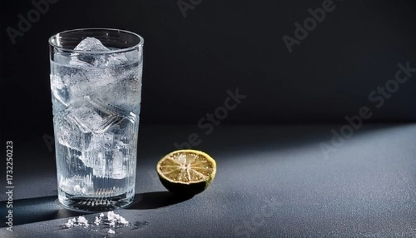 Fototapeta Cold Glass Of Gin Tonic With Ice And Hard Shadows On Dark Gray Background With Copy Space Vertical Format