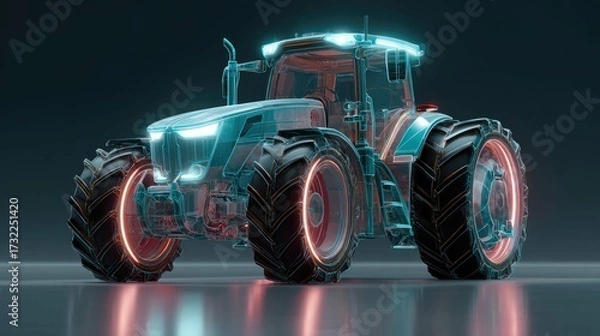 Fototapeta a large, futuristic looking tractor with glowing lights on its wheels and chrome accents is parked indoors against a dark background