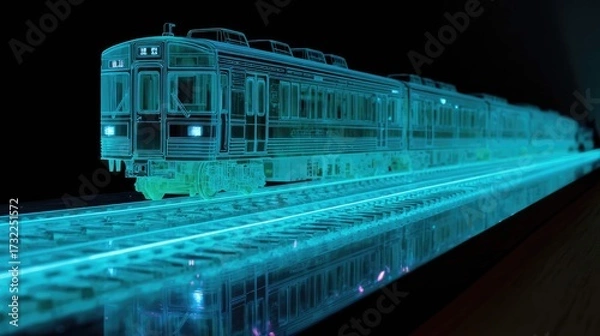 Fototapeta a model train set, featuring a train that appears to be in motion as it travels along tracks. the train and tracks are illuminated, with the rest of the background darkened