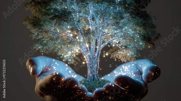 Fototapeta a stylized representation of a human hand holding an illuminated tree with a glowing planet at its base