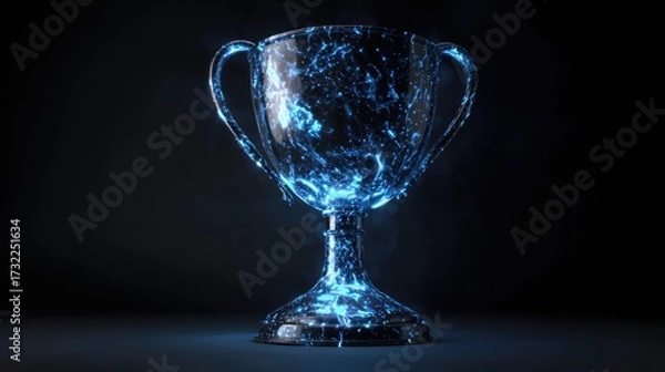 Fototapeta a trophy with a galaxy design, illuminated to highlight its blue detailing. the trophy stands against a dark background, its intricate patterns contrasting sharply with the surroundings