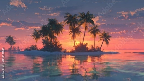 Fototapeta a serene tropical sunset scene. palm trees are silhouetted along the shoreline of a tranquil beach, reflecting in the calm waters at the bottom of the frame