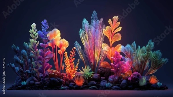 Fototapeta an underwater coral reef scene vividly illuminated with vibrant, multicolored lights. this coral reef is composed of various shapes and sizes, creating a lively and diverse marine environment