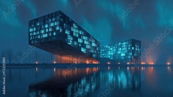 Fototapeta a modern architectural structure with a distinctive design, illuminated under night skies