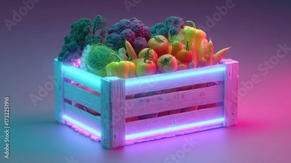 Fototapeta an illuminated crate of assorted vegetables, with vibrant purple and blue neon lights accentuating its contents, set against a dark background