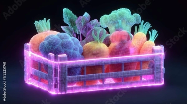Fototapeta a vibrant and colorful digital artwork featuring an assortment of fresh fruits and vegetables arranged in a visually appealing manner within a transparent, cube shaped container