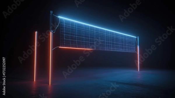 Fototapeta an intriguing scene of a futuristic setting featuring a large neon sign that resembles a volleyball net, illuminated in vibrant hues against the dark background