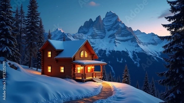 Fototapeta A cozy wooden cabin with warm lights, surrounded by snowy mountains and pine trees at night.
