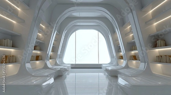 Fototapeta an interior space that appears to be a futuristic vehicle cabin, characterized by its curved, white colored design with sleek surfaces and modern furnishings
