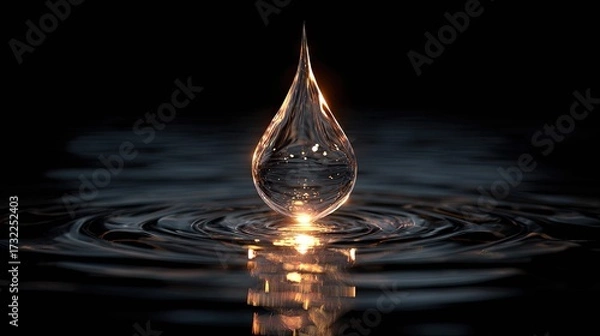 Fototapeta a single drop of water hangs in mid air over a reflective surface, with blurred light reflections around it, creating an artistic and serene scene with a bokeh background