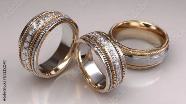 Fototapeta a pair of wedding rings, elegantly set against a neutral background. the rings are composed of multiple bands, each showcasing intricate designs and accents that give them an upscale appearance