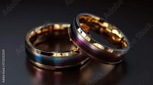 Fototapeta this is a photograph featuring a pair of gold wedding bands with a contrasting striped pattern on the inner rings