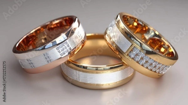 Fototapeta a set of three gold rings with a unique, faceted design and a translucent amber like stone at the center