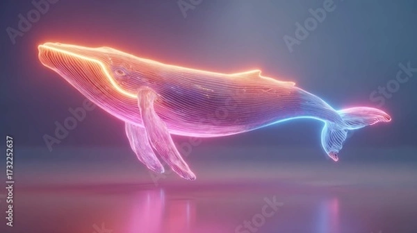 Fototapeta a vividly colored digital artwork of a whale like creature with iridescent scales, seemingly floating against a backdrop that fades into purple