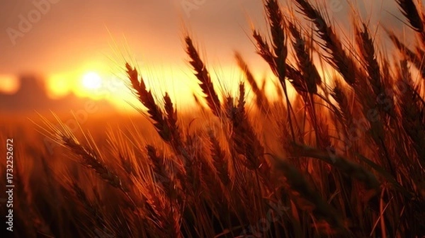 Fototapeta a serene rural scene at sunset with a field of golden wheat in focus against a soft glow sky