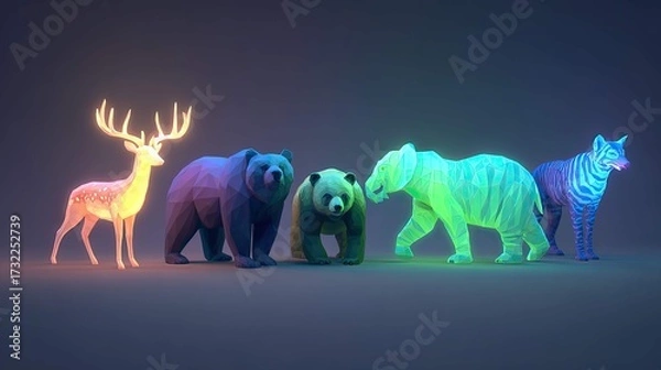 Fototapeta a whimsical scene features a group of diverse animated characters, including bears, deer, and other animals, in vibrant neon colors against a dark background