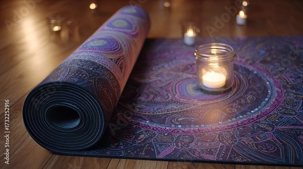 Fototapeta an artistic scene with a vibrant yoga mat as the central focus. the mat features a striking design with swirling patterns in a spectrum of colors including pinks, blues, purples, and blacks