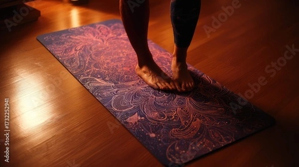 Fototapeta an individual engaged in a yoga practice, standing on a mat adorned with vibrant patterns. the person's feet are placed on the mat, suggesting they may be in the midst of a pose