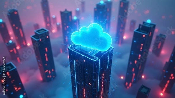 Fototapeta A futuristic cityscape with a glowing blue cloud symbol atop a neon-lit skyscraper.