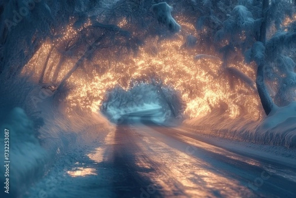 Fototapeta Snowy road with tunnel captured in photo.