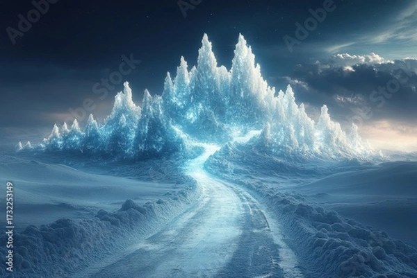 Fototapeta Road cutting through snowy mountain.