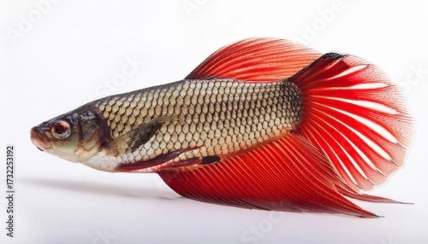 Fototapeta Rohu Fish With A Red Tail Fin Swimming In White Background Generative Ai