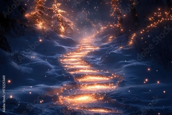 Fototapeta Fireflies lighting up a snowy forest path.