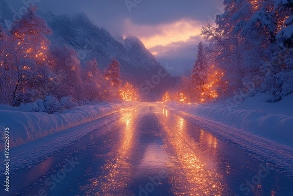 Fototapeta A light shining on a snowy road.