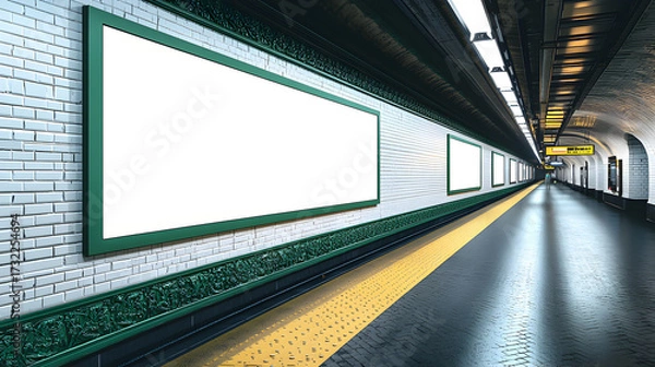 Fototapeta Large empty billboard inside underground Paris metro station, France, blank illuminated advertising panel with copy space for posters, promotions, announcements, and commercial marketing campaigns.