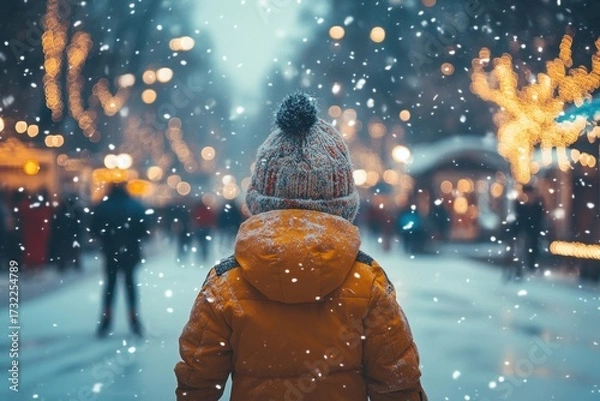 Fototapeta Child in yellow jacket and hat stands on snow-covered street.