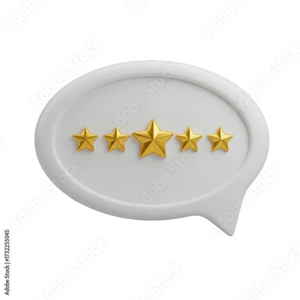 Obraz User feedback with five star rating. White speech bubble with five star icon. 3d icon illustration isolated on transparent background, PNG. Concept of online feedbac 
