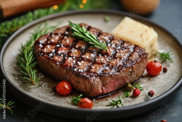 Fototapeta Juicy steak garnished with rosemary and garlic on a plate.