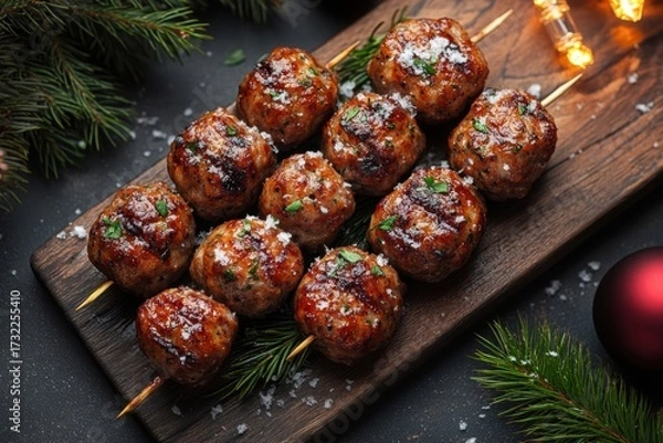 Fototapeta Meat skewers on a wooden board with Christmas decorations.