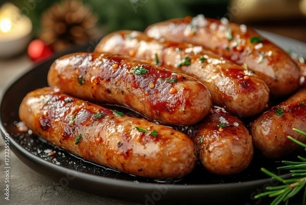 Fototapeta Plate of sausages topped with sauce and herbs.