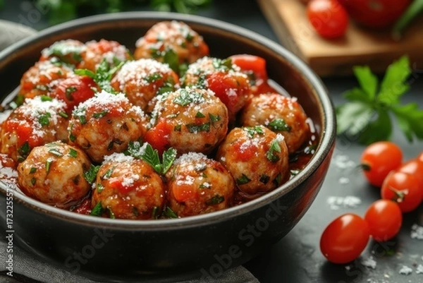 Fototapeta Meatballs in tomato sauce topped with parsley in a bowl.