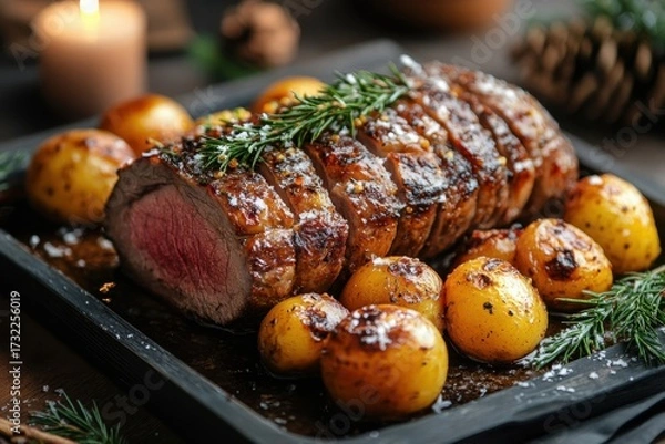 Fototapeta Roasting meat, potatoes, and rosemary on a plate.