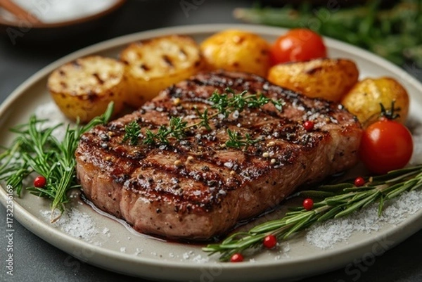 Fototapeta Plate of steak with potatoes and tomatoes.