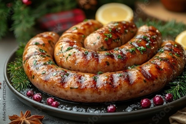 Obraz Plate of sausages garnished with herbs and spices.