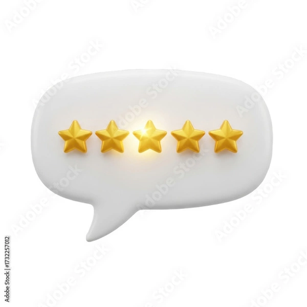Obraz User feedback with five star rating. White speech bubble with five star icon. 3d icon illustration isolated on transparent background, PNG. Concept of online feedbac 