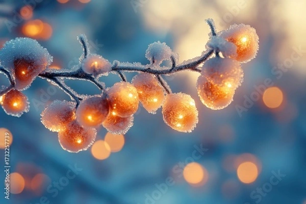 Fototapeta Snow-covered branch illuminated by string lights.