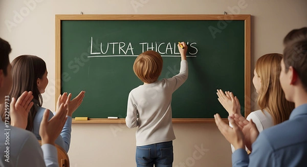 Fototapeta A young student writes a word on chalkboard with a curious audience of supportive classmates, promoting the celebration of knowledge and learning within the classroom environment.