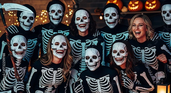Fototapeta A vibrant gathering of people embraces the spirit of Halloween, donning skeleton costumes to create a spooky yet joyful atmosphere with a playful attitude.
