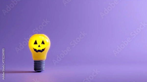 Fototapeta Glowing yellow light bulb shaped as jack o lantern face on violet studio background. 