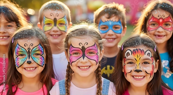 Fototapeta A group of cheerful children, their faces adorned with vibrant face paint, radiate joy and innocence, celebrating a day of fun and creativity. capturing the enchanting spirit of childhood.