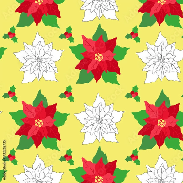 Obraz Seamless poinsettia flower vector pattern with red petals and green leaves. Perfect for Christmas cards, gift wrap, festive invitations, and seasonal backgrounds.