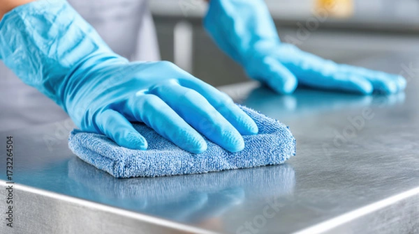 Fototapeta Close up of hand in blue protective glove cleaning steel surface. Diligent wiping with cloth for disinfecting and maintaining hygiene in professional kitchen