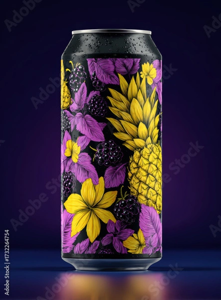 Fototapeta Cold beverage can with refreshing, vibrant, artistic design. packaging features purple blackberry, yellow pineapple, and floral fruit pattern on blue background with condensation