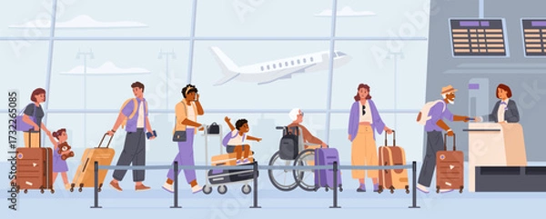 Fototapeta Diverse people with suitcases standing in line at the airport to check in flat vector illustration.